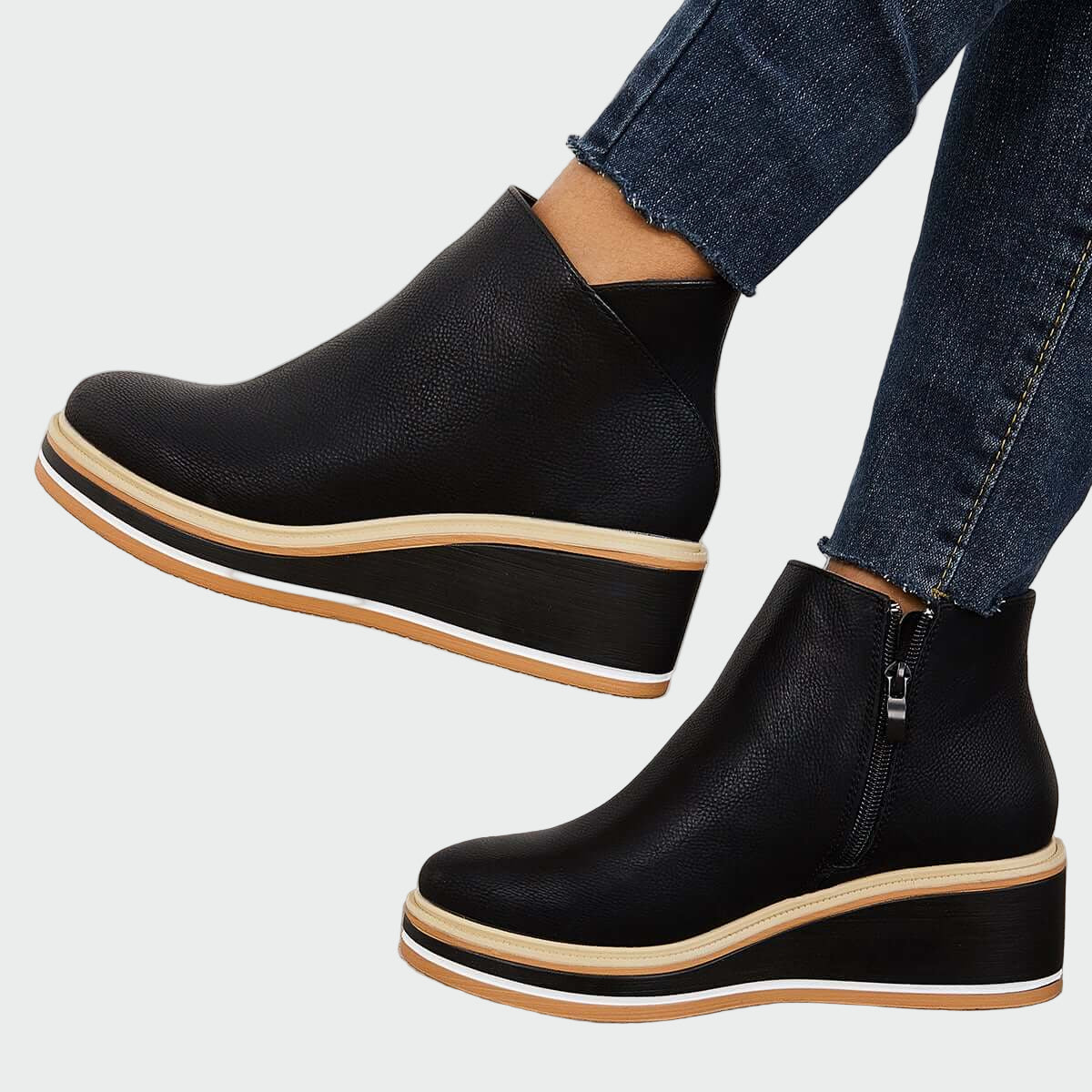 AuraBarcelona™ Rebeca | Botines de Cuero Ortopédicos Negros con Cuña