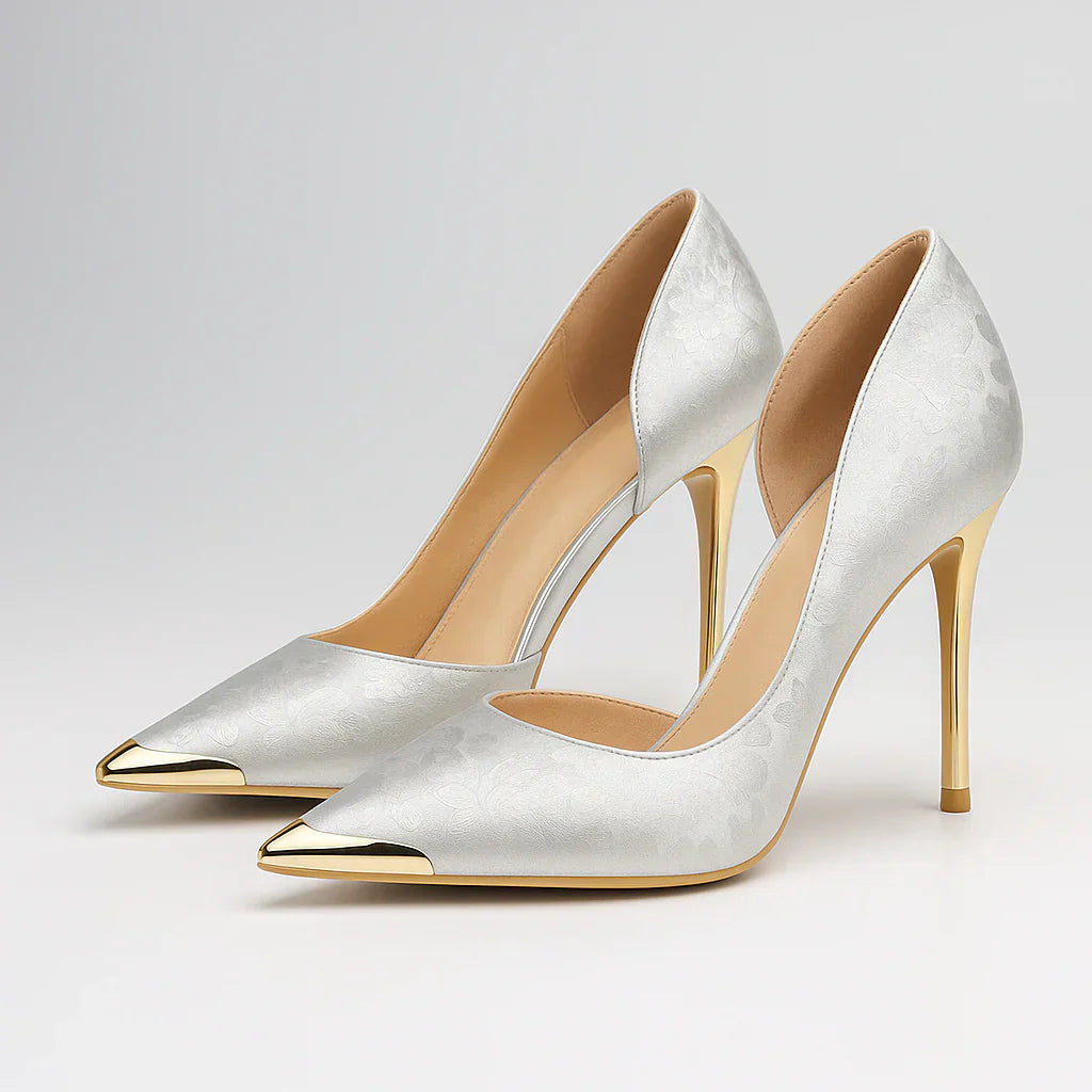 AuraBarcelona™ Verde Éclat™ – Tacones de Satén con Punta Dorada