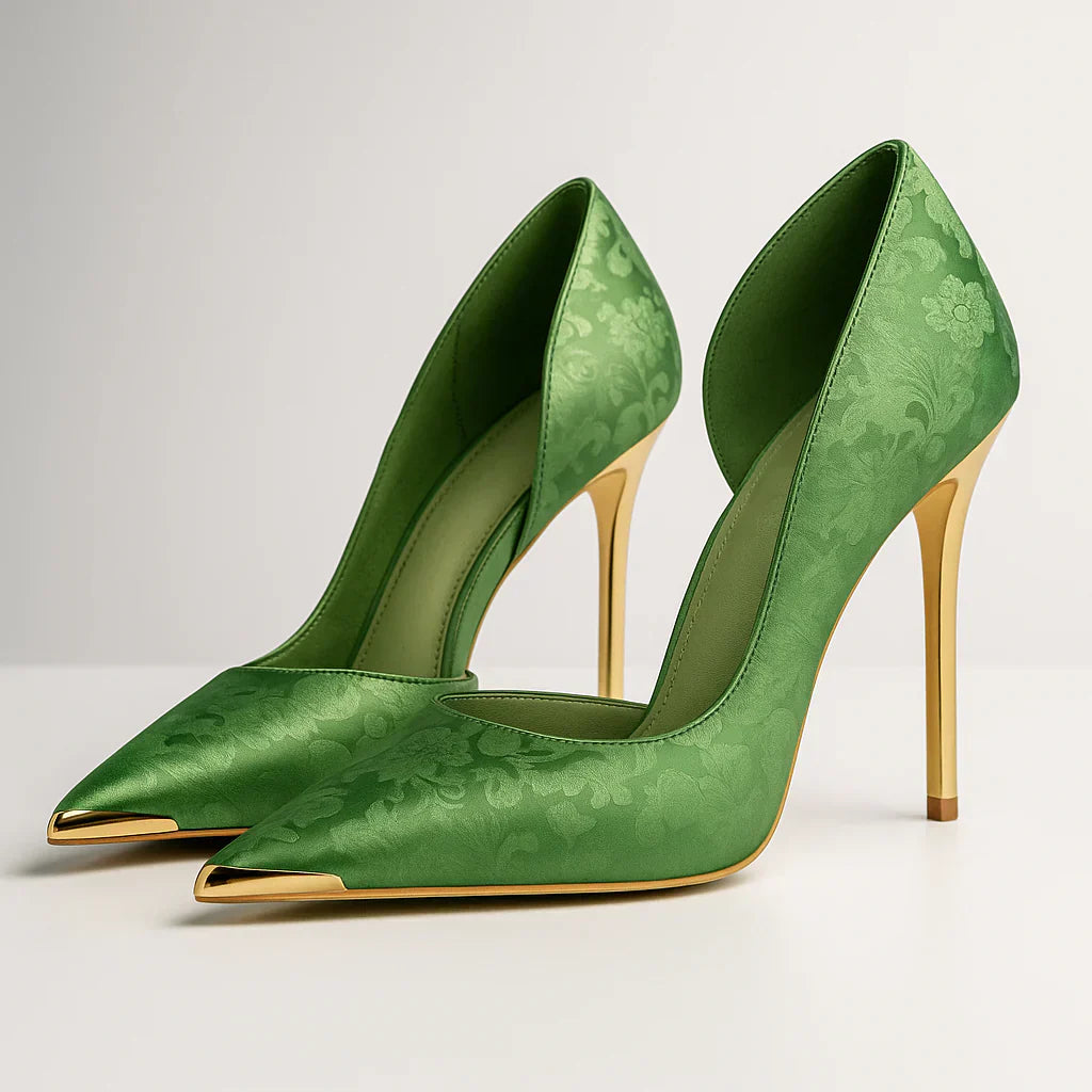 AuraBarcelona™ Verde Éclat™ – Tacones de Satén con Punta Dorada
