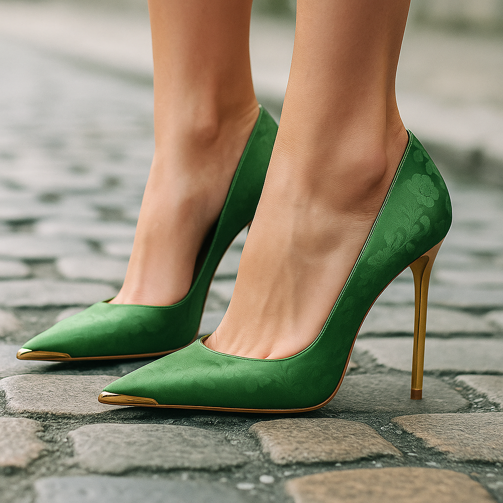 AuraBarcelona™ Verde Éclat™ – Tacones de Satén con Punta Dorada