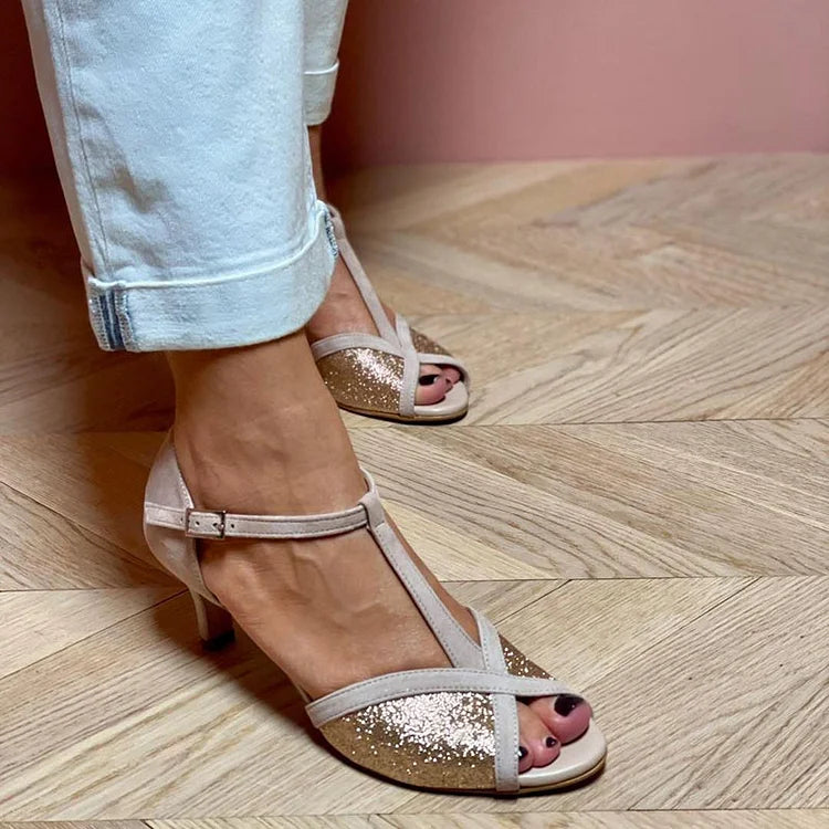 AuraBarcelona™ SANDALIA CON BRILLO Y TACÓN BAJO