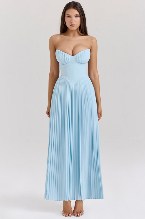 AuraBarcelona™ Celia | Vestido Largo Plisado Azul Cielo