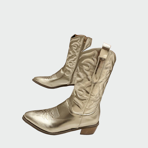 AuraBarcelona™ Estrella | Botines De Cowboy Metálicos En Rosa Con Bordado