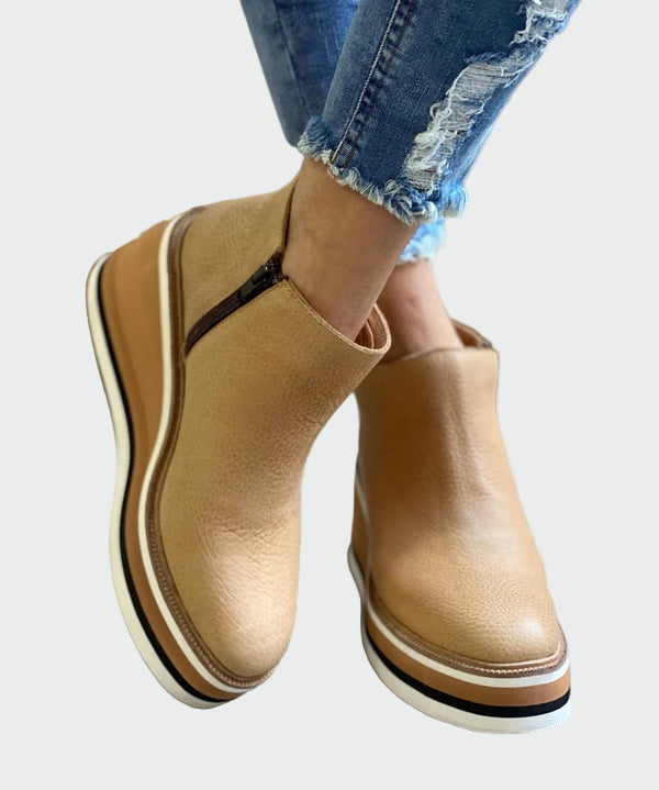 AuraBarcelona™ Celia | Elegantes Botines Camel De Cuero Con Plataforma