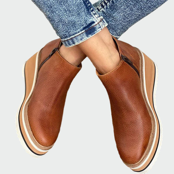 AuraBarcelona™ Celia | Elegantes Botines Camel De Cuero Con Plataforma