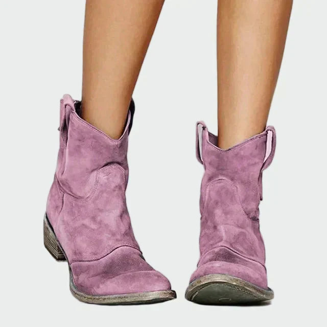 AuraBarcelona™ Marisol | Botas Vaqueras Retro de Tobillo en Gamuza Marrón