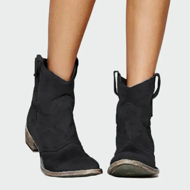 AuraBarcelona™ Marisol | Botas Vaqueras Retro de Tobillo en Gamuza Marrón