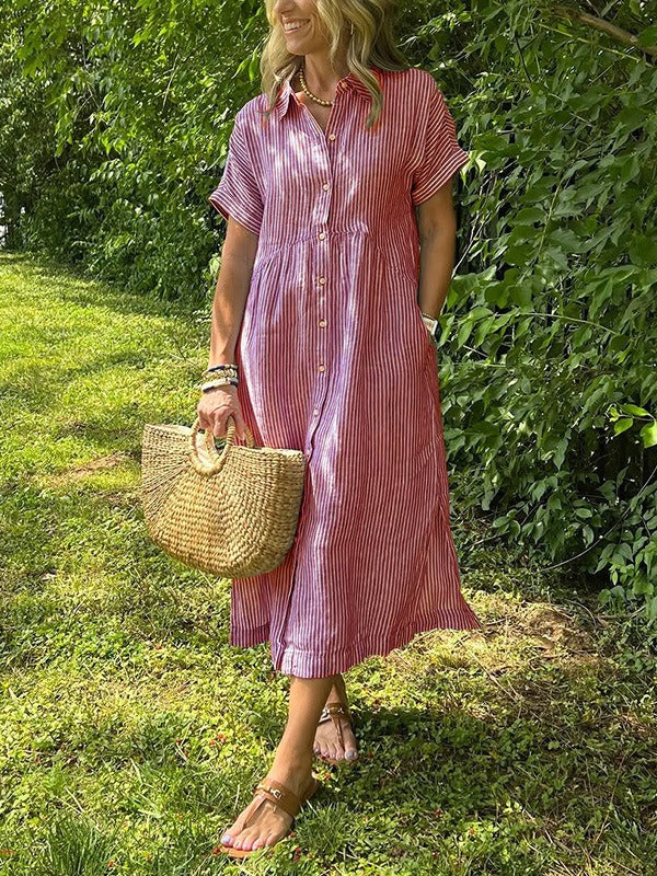 AuraBarcelona™ Sara™ – Vestido camisero de rayas con corte relajado y bolsillos laterales
