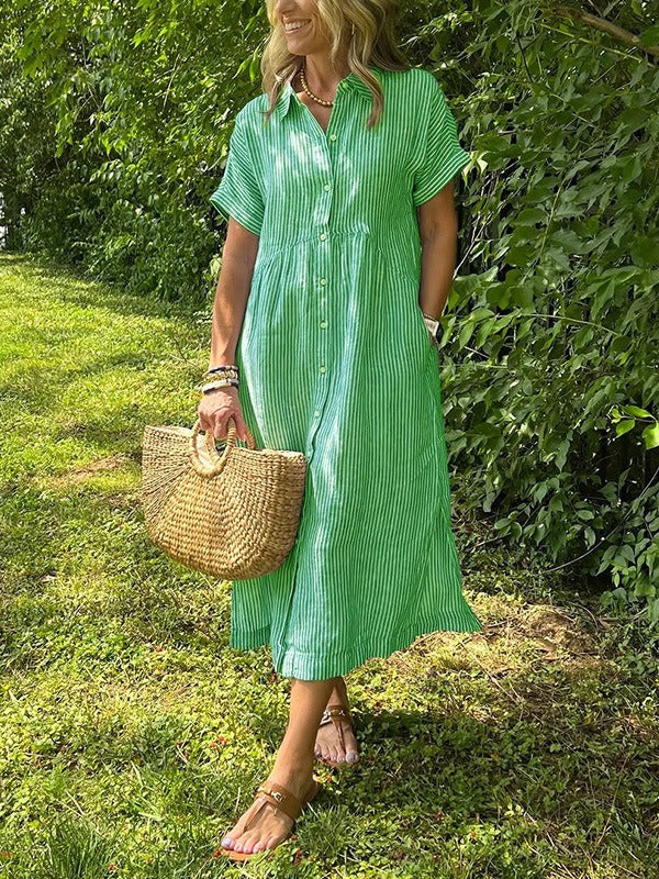 AuraBarcelona™ Sara™ – Vestido camisero de rayas con corte relajado y bolsillos laterales