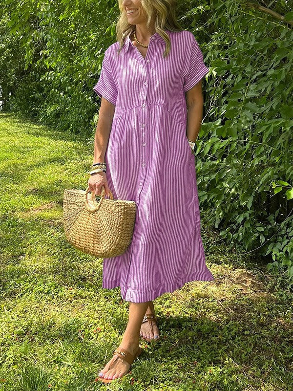 AuraBarcelona™ Sara™ – Vestido camisero de rayas con corte relajado y bolsillos laterales