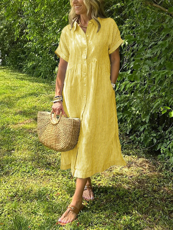 AuraBarcelona™ Sara™ – Vestido camisero de rayas con corte relajado y bolsillos laterales