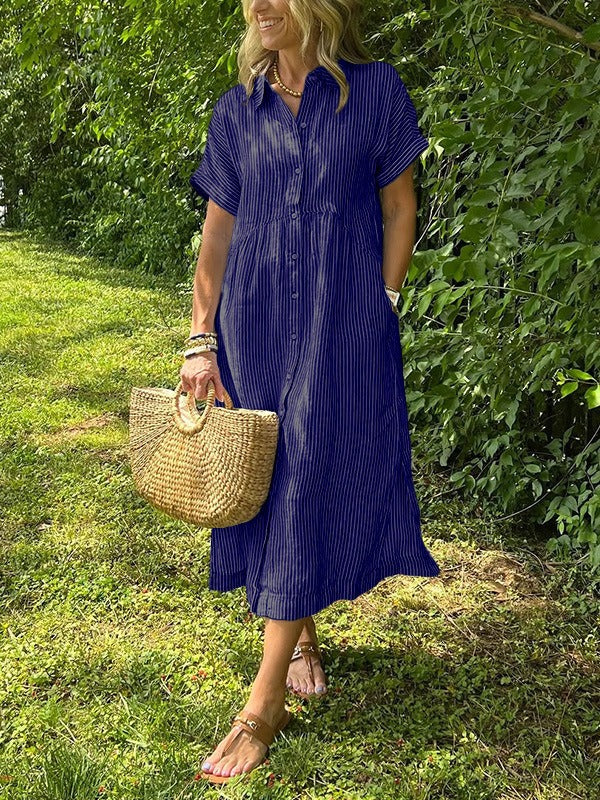 AuraBarcelona™ Sara™ – Vestido camisero de rayas con corte relajado y bolsillos laterales