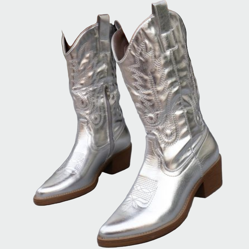 AuraBarcelona™ Estrella | Botines De Cowboy Metálicos En Rosa Con Bordado