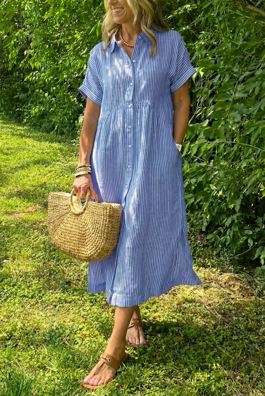 AuraBarcelona™ Sara™ – Vestido camisero de rayas con corte relajado y bolsillos laterales