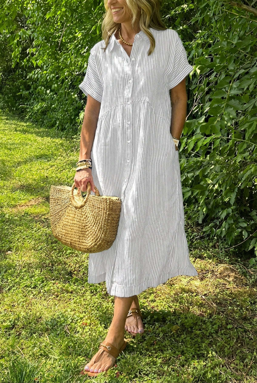 AuraBarcelona™ Sara™ – Vestido camisero de rayas con corte relajado y bolsillos laterales
