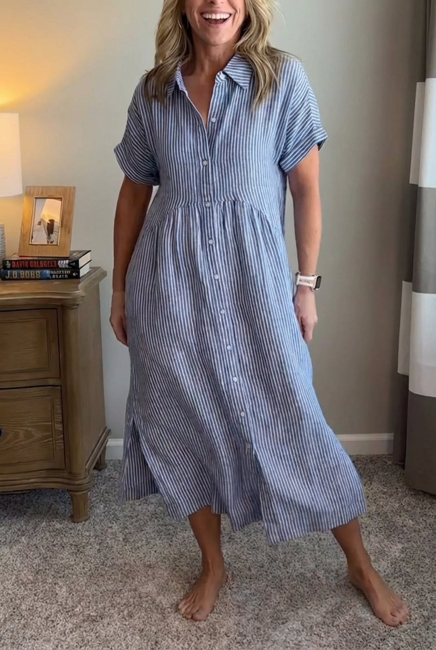 AuraBarcelona™ Sara™ – Vestido camisero de rayas con corte relajado y bolsillos laterales