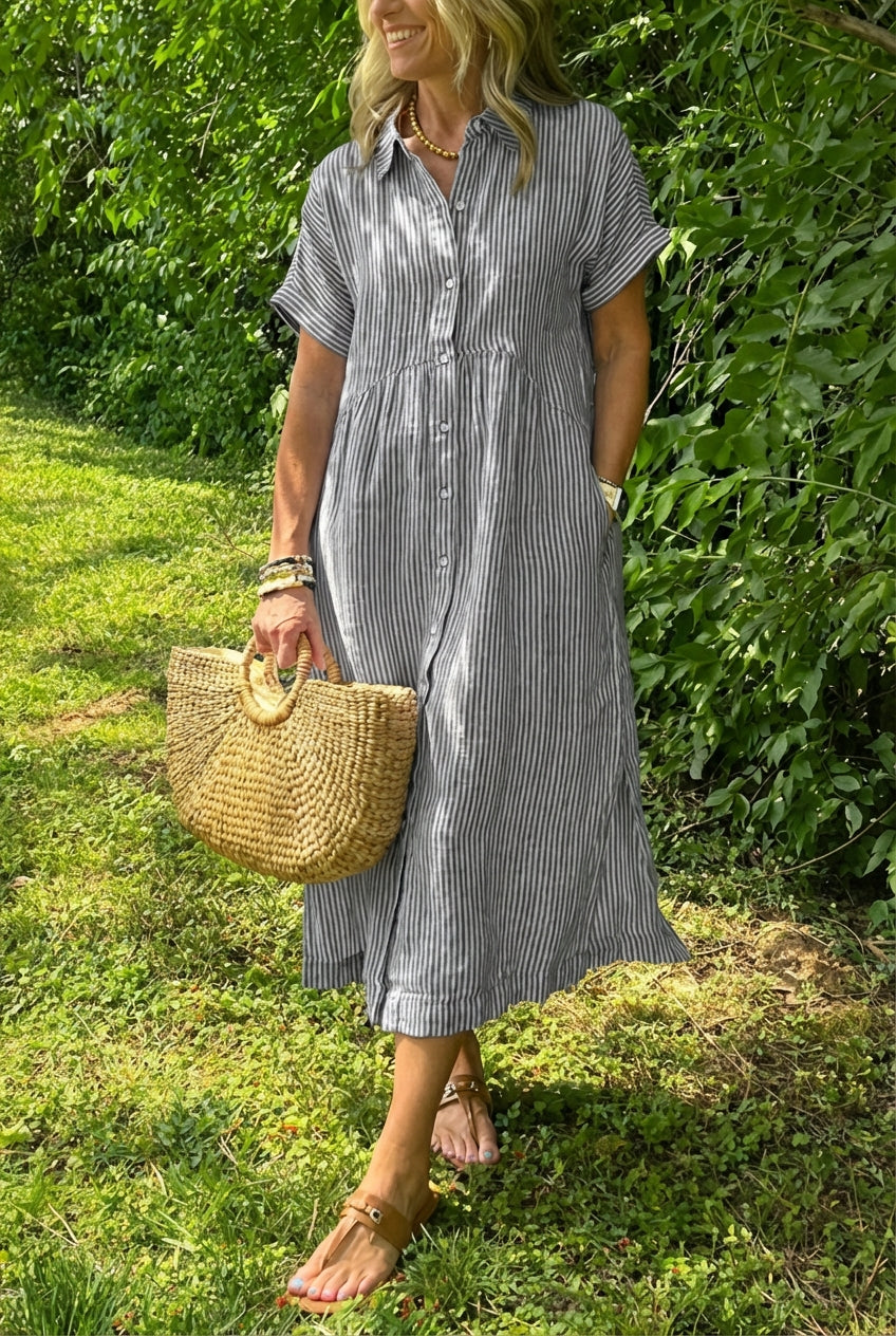 AuraBarcelona™ Sara™ – Vestido camisero de rayas con corte relajado y bolsillos laterales