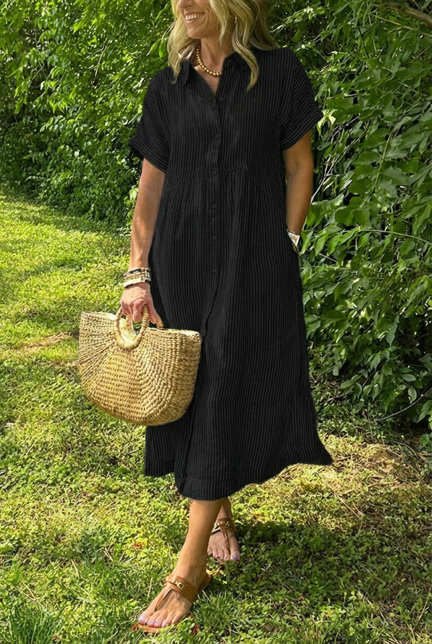 AuraBarcelona™ Sara™ – Vestido camisero de rayas con corte relajado y bolsillos laterales