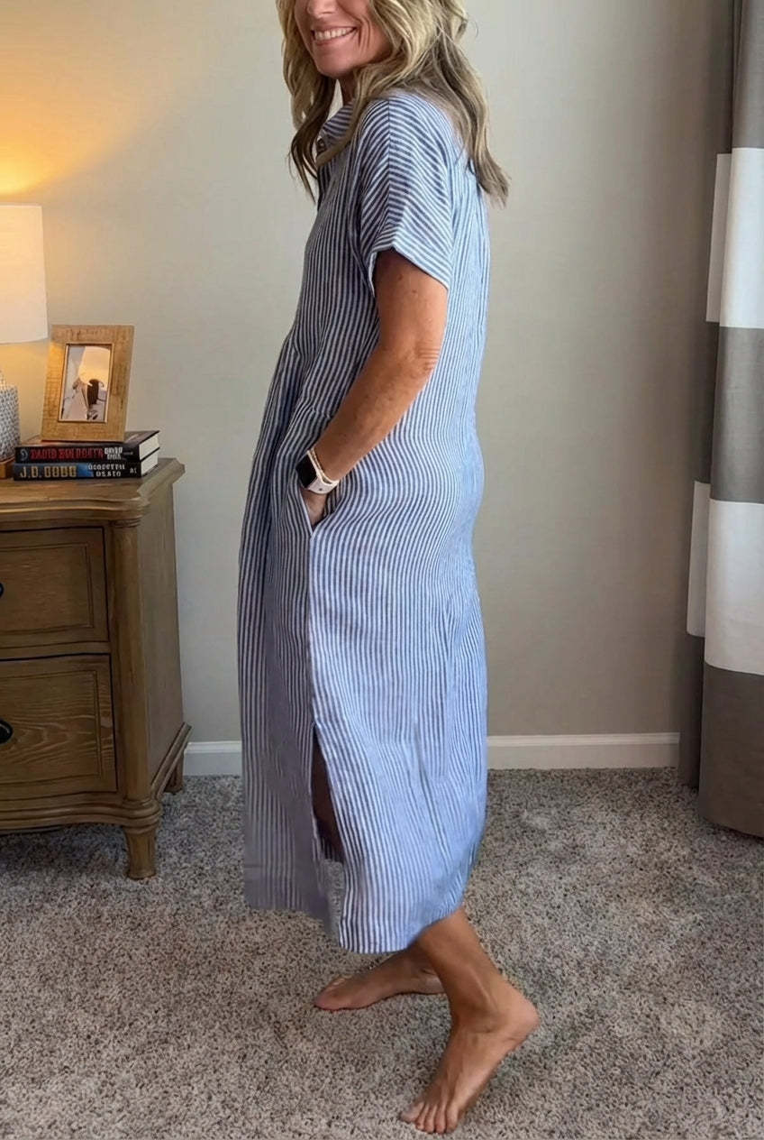 AuraBarcelona™ Sara™ – Vestido camisero de rayas con corte relajado y bolsillos laterales
