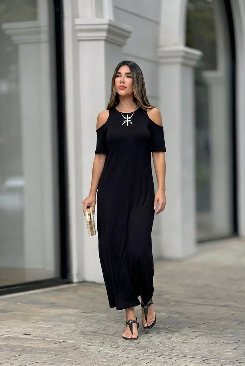 AuraBarcelona™ Elena | Vestido largo con hombros al descubierto y corte relajado